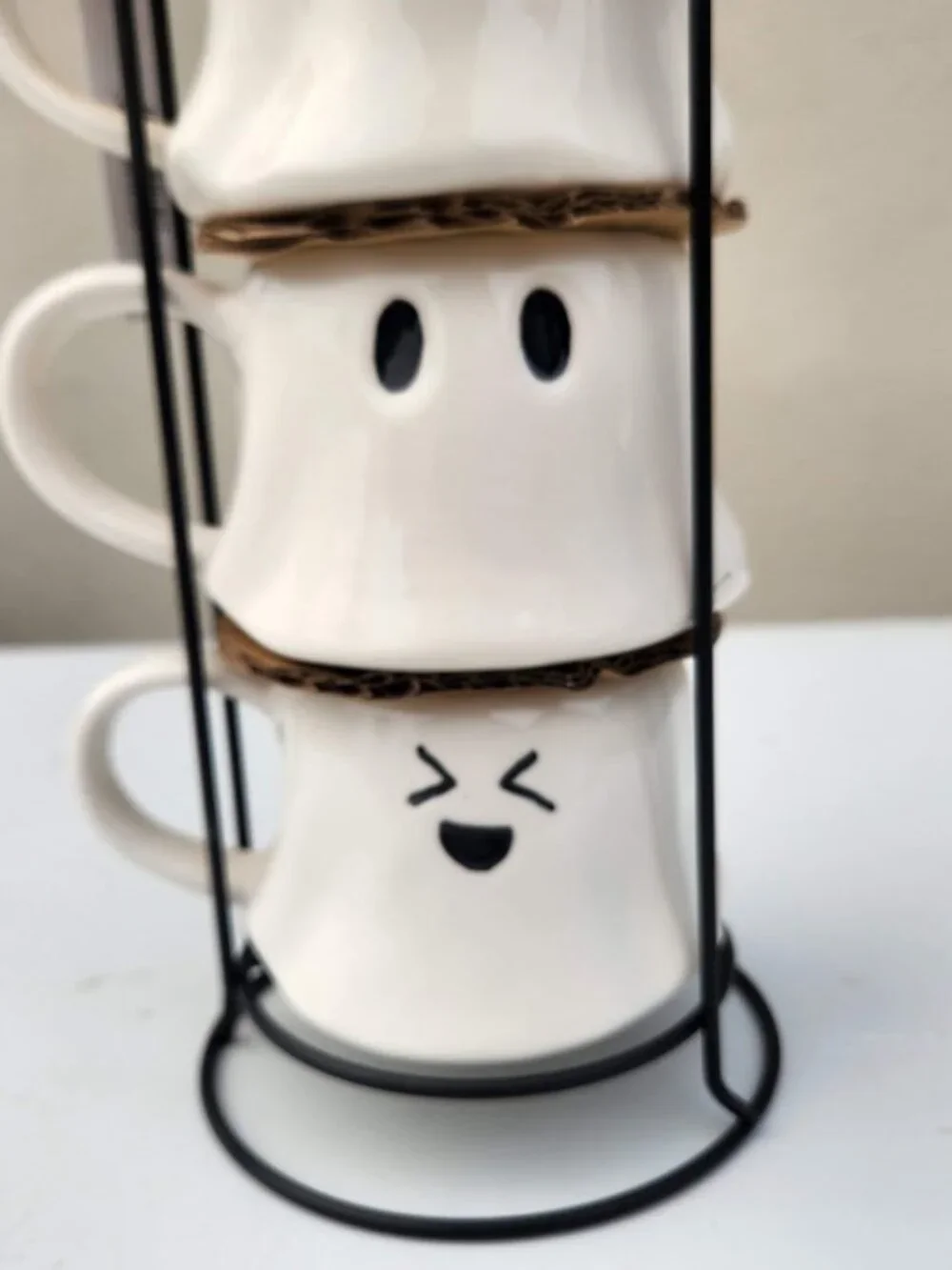 NEW Ceramic Ghost Mugs Mug Set of 4 Stacking Stackable White Stoneware Can hold